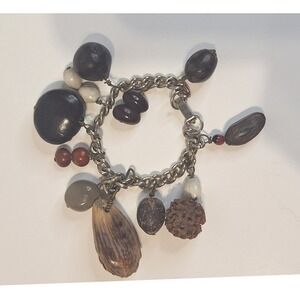 Vintage Natural Seed Nut Charm Bracelet Silver Tone Boho Tropical Sea Bean 7.5"